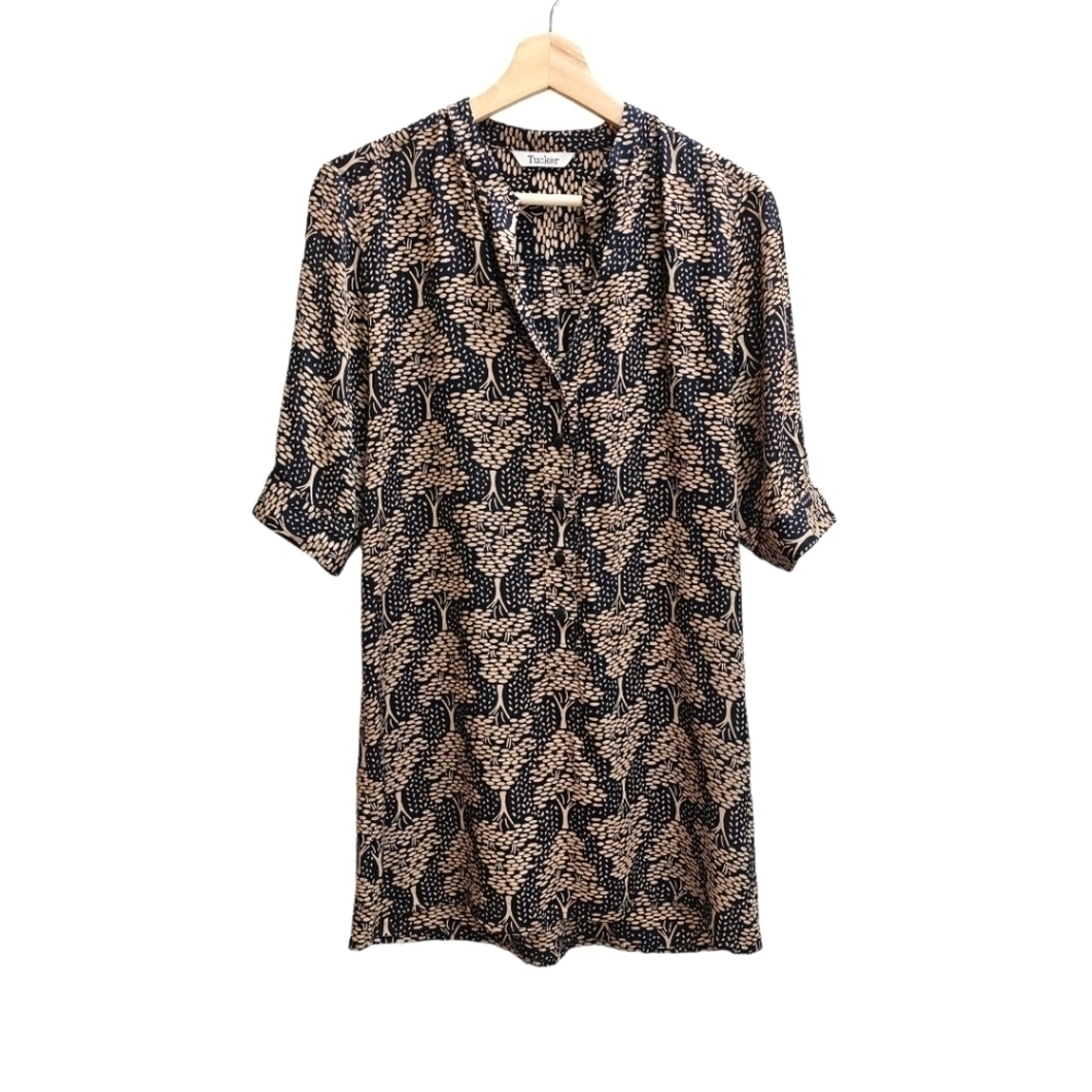 Oversized Small Tucker Silk Tunic Blouse Tree Print Boho Whimsigoth Brown/Black
